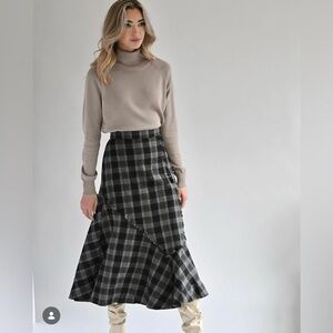 Plaid Check Ruffle Asymmetrical Midi Knee-Length High-Waist Modest Fringe Skirt